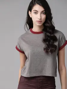 The Roadster Lifestyle Co Women Grey Melange Round Neck Cropped Pure Cotton T-shirt