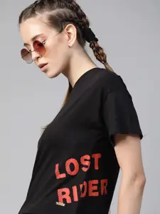 The Roadster Lifestyle Co Women Black Typography Printed Drop-Shoulder Sleeves Pure Cotton T-shirt