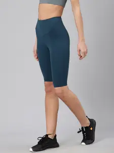 Fitkin Women Teal Blue Slim Fit High-Rise Solid Biker Shorts