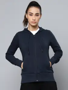 Alcis Women Navy Blue Solid Hooded Sweatshirt