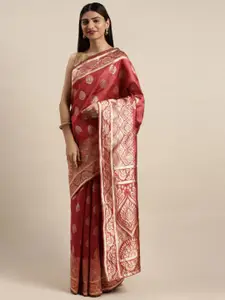 DIVASTRI Red & Gold-Toned Silk Cotton Woven Design Saree