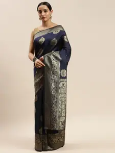 DIVASTRI Navy Blue & Gold-Coloured Silk Cotton Woven Design Celebrity Saree
