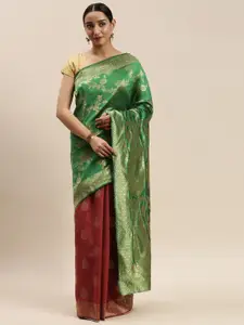 DIVASTRI Green & Maroon Silk Cotton Woven Design Half & Half Saree