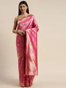 DIVASTRI Pink & Gold-Toned Silk Cotton Woven Design Saree