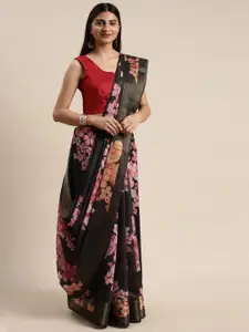 DIVASTRI Black & Pink Floral Printed Chanderi Saree