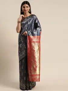 DIVASTRI Navy Blue & Golden Silk Cotton Woven Design Banarasi Saree