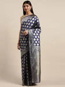 DIVASTRI Navy Blue & Gold-Toned Silk Cotton Woven Design Saree