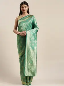 DIVASTRI Teal Green & Gold-Toned Silk Cotton Woven Design Saree