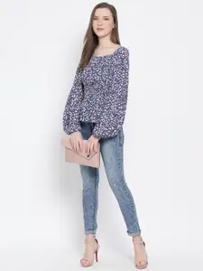 Oxolloxo Women Blue Printed Cinched Waist Top