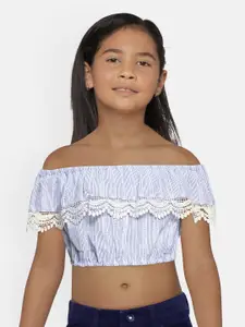 Global Desi Girls Blue Striped Off-Shoulder Bardot Top