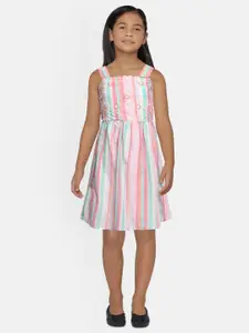 Global Desi Girls Pink & Blue Striped Fit and Flare Dress