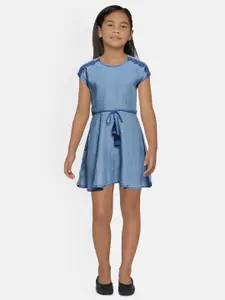 Global Desi Girls Blue Solid A-Line Dress