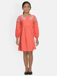 Global Desi Girls Coral Pink Embroidered A-Line Dress