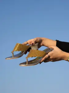 Shoetopia Women Gold-Toned Embellished Block Heels