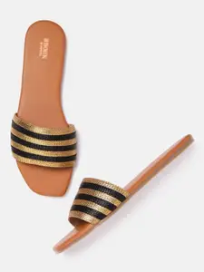 Anouk Women Black & Gold-Toned Self-Striped Handmade Open Toe Flats
