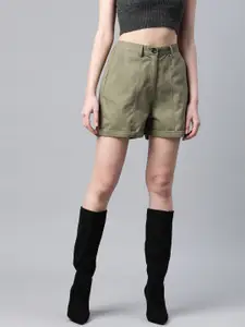 Popnetic Women Olive Green Solid Pure Cotton Regular Shorts
