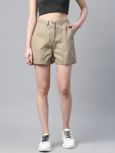 Popnetic Women Khaki Solid Regular Fit Pure Cotton Shorts