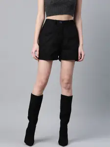 Popnetic Women Black Solid Pure Cotton Regular Shorts