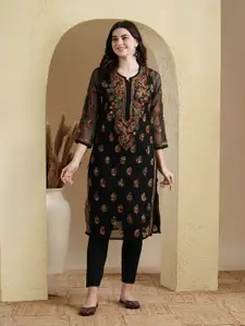 ADA Women Black & Maroon Sheer Chikankari Embroidered Straight  Handloom Kurta with Inner