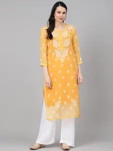 ADA Women Mustard Yellow & Off-White Sheer Chikankari Embroidered Sustainable Handloom Kurta with Inner