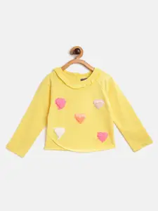 Nauti Nati Girls Yellow & Pink Heart Applique Pure Cotton Sweatshirt with Frilled Detail