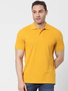 SELECTED Men Mustard Yellow Solid Organic Cotton Polo Collar T-shirt