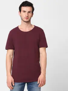SELECTED Men Maroon & Black Striped Round Neck T-shirt