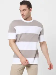 SELECTED Men Grey & White Striped Organic Cotton Drop-Shoulder Sleeves T-shirt