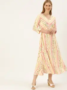 AND Women Pink & Cream-Coloured Printed Fit and Flare Dress