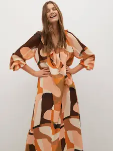 MANGO Women Peach-Coloured & Brown Printed A-Line Midi Dress