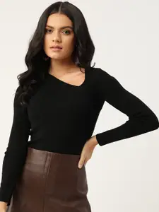 MANGO Women Black Asymmetric V-neck Solid Pullover