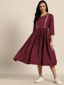 Sangria Women Maroon & Off White Embroidered Detail  A-Line Dress