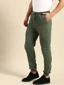 ether Men Olive Green Straight Fit Solid Pure Cotton Joggers