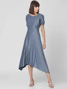 Vero Moda Women Blue & Silver Solid A-Line Dress with Asymmetric Hem
