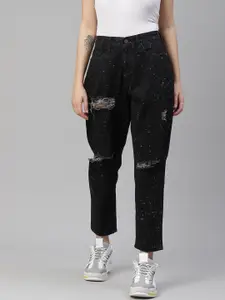 Kook N Keech Women Black Printed Straight Fit Highly Distressed Stretchable Jeans