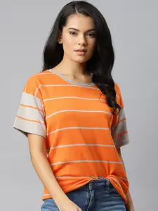 The Roadster Lifestyle Co Women Orange & Beige Striped Round Neck T-Shirt