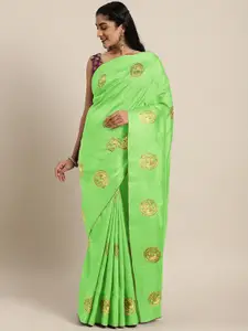 KALINI Fluorescent Green Ethnic Motifs Embroidered Silk Blend Saree