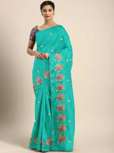 KALINI Turquoise Blue Floral Embroidered Silk Blend Saree