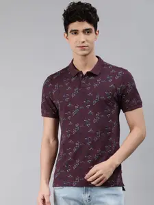 Levis Men Maroon  Blue Floral Printed Polo Collar Slim Fit Pure Cotton T-shirt