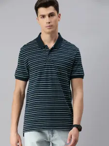 Levis Men Navy Blue  White Striped Polo Collar Pure Cotton T-shirt