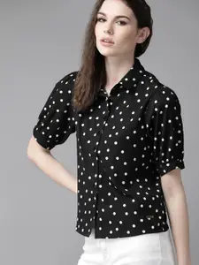 Roadster Women Black  White Regular Fit Polka Dot Print Casual Shirt