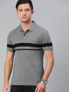 Levis Men Charcoal Grey  Black Slim Fit Striped Polo Collar Pure Cotton T-shirt