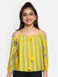 Global Desi Girls Yellow & Blue Striped Cold-Shoulder Sleeves Bardot Top