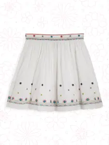 Global Desi Girls White Embroidered Sustainable Flared Skirt