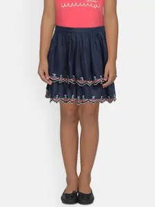 Global Desi Girls Navy Blue Self-Design Embroidered Pure Cotton Layered Flared Skirt