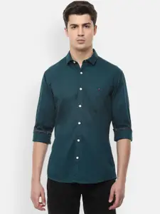 Louis Philippe Jeans Men Teal Blue Slim Fit Solid Pure Cotton Casual Shirt