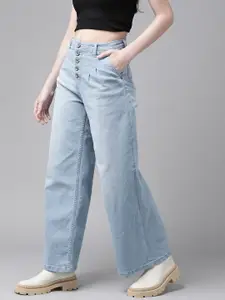 The Roadster Lifestyle Co Women Blue Wide Leg High-Rise Light Fade Stretchable Jeans