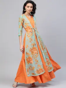 Ahalyaa Women Orange Golden Foil Print Striped Anarkali Dress With Layered Jacket