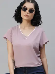 The Roadster Lifestyle Co Women Lavender Relaxed Fit V-Neck Relaxed Fit T-shirt