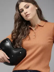 Roadster Women Coral Orange Ribbed Polo Collar T-shirt